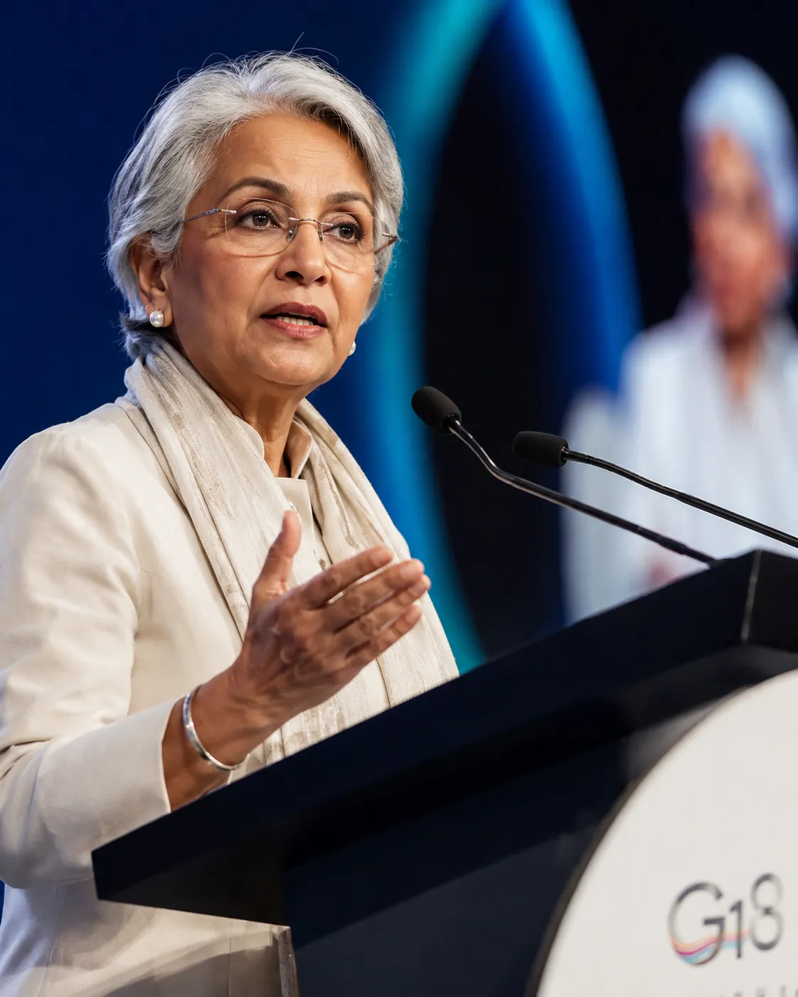 A senior executive speaking from a formal lectern