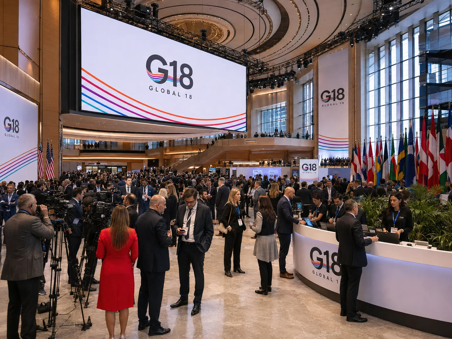 International enterprise leaders meeting in a formal assembly hall